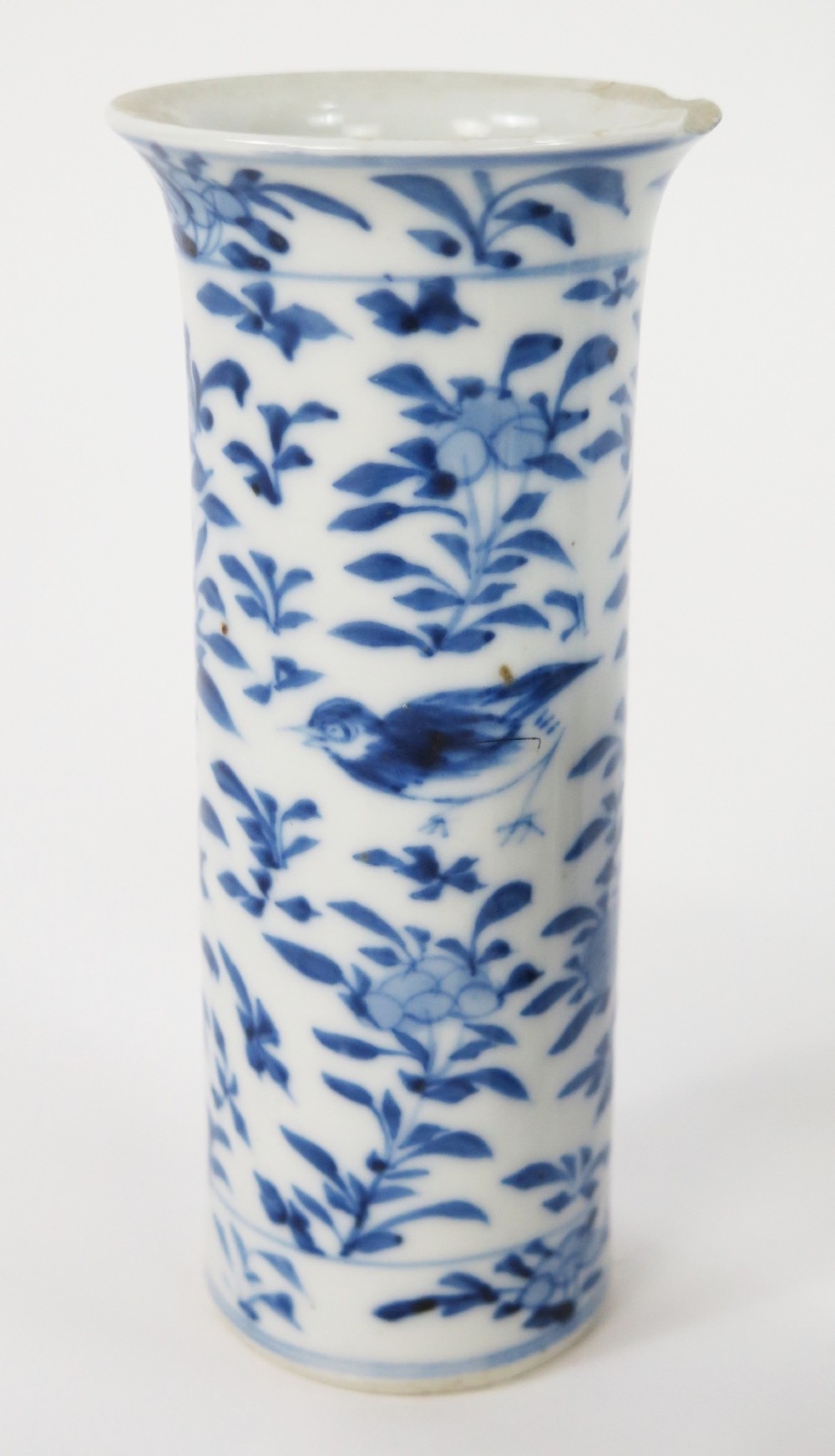 A set of three 19th-century Chinese blue and white porcelain vases featuring hand-painted floral motifs and figurative scenes. View III