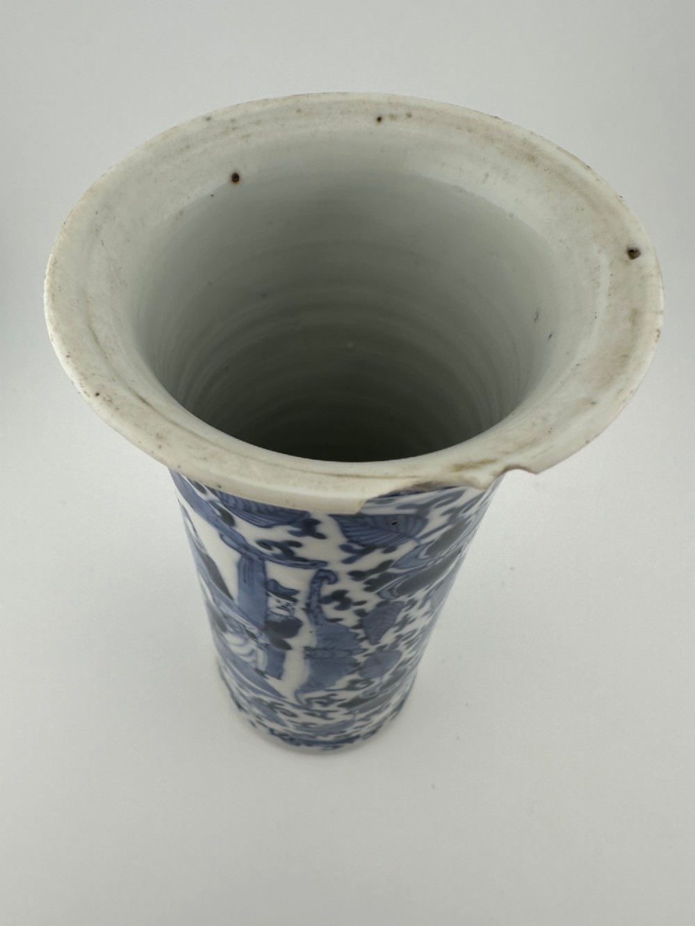 A set of three 19th-century Chinese blue and white porcelain vases featuring hand-painted floral motifs and figurative scenes. View XIII