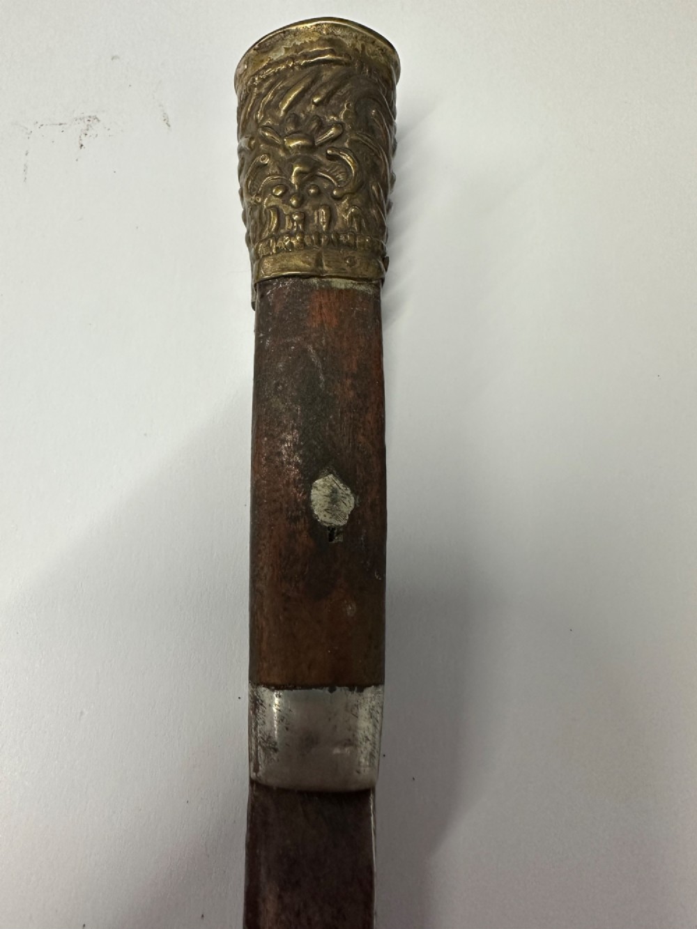 A 19th-century Chinese Qing Dynasty travelling eating set with chopsticks and knife stored inside an embossed brass-mounted sheath. View IX