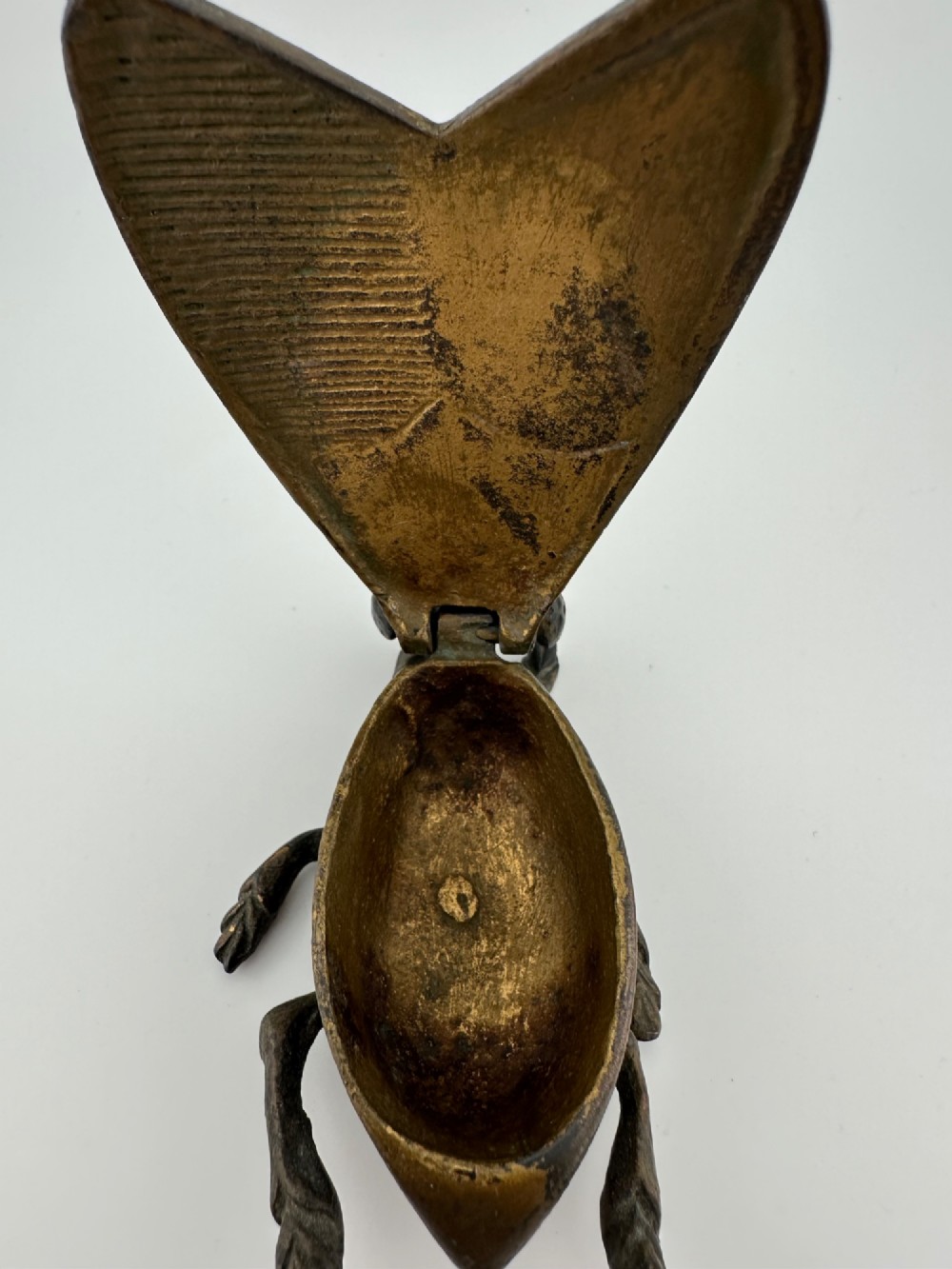 A cast dark brass match holder sculpted in the detailed shape of a fly with textured wings, compound eyes, and six legs. View III