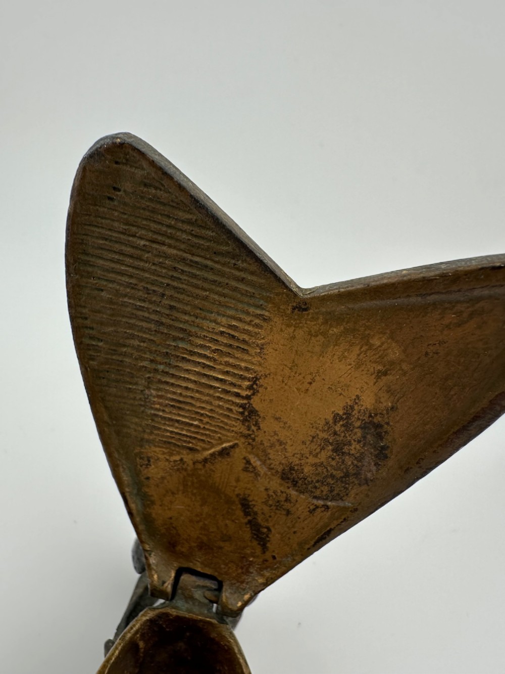 A cast dark brass match holder sculpted in the detailed shape of a fly with textured wings, compound eyes, and six legs. View IV