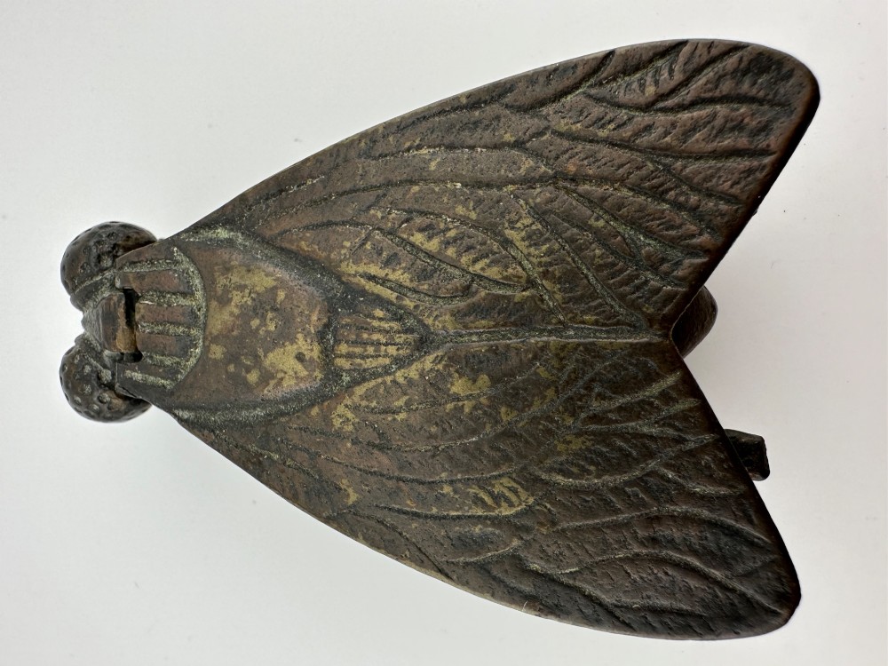 A cast dark brass match holder sculpted in the detailed shape of a fly with textured wings, compound eyes, and six legs. View VIII