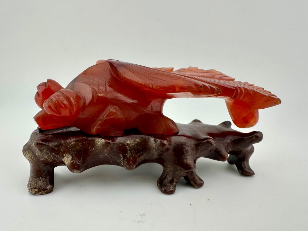 A translucent terracotta orange carnelian agate sculpture of a fantail goldfish positioned on a carved dark brown hardwood stand. View IV