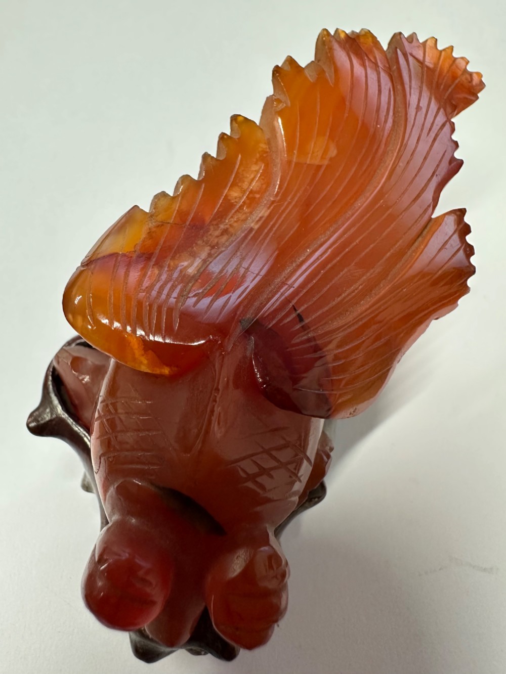 A translucent terracotta orange carnelian agate sculpture of a fantail goldfish positioned on a carved dark brown hardwood stand. View XII