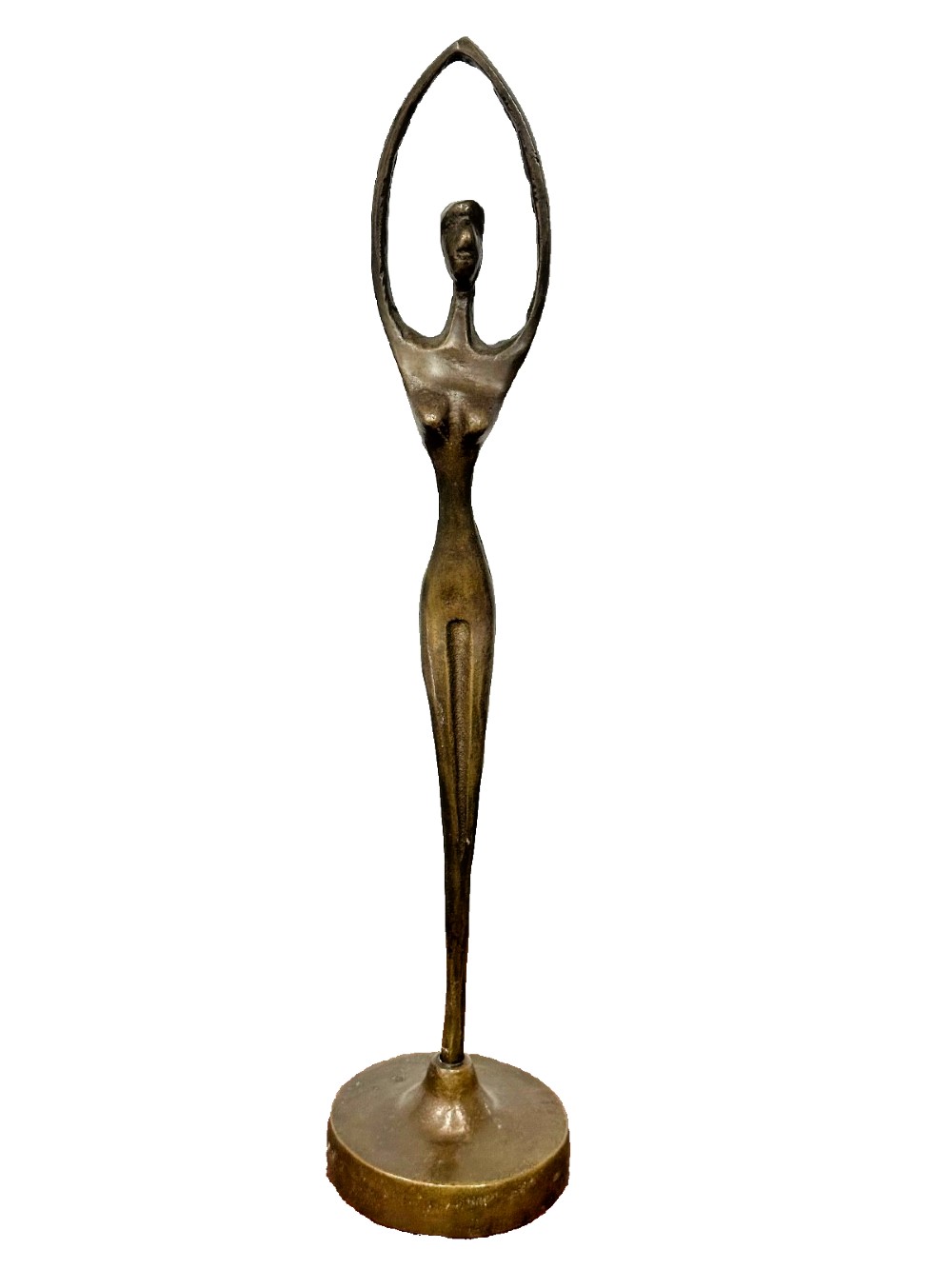 A slender modernist bronze sculpture depicting an abstract female dancer with raised arms set upon a round metal base.