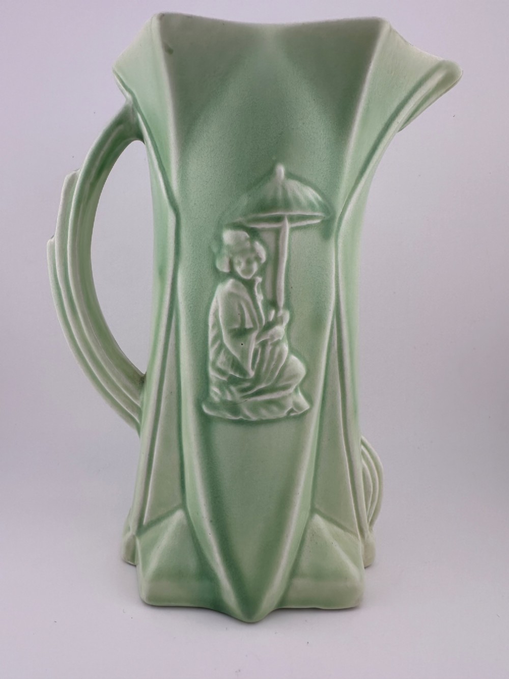 1930s Delcroft Ware Art Deco Green Oriental Geisha Jug Vase J T Fell No.727 18.5cm View II