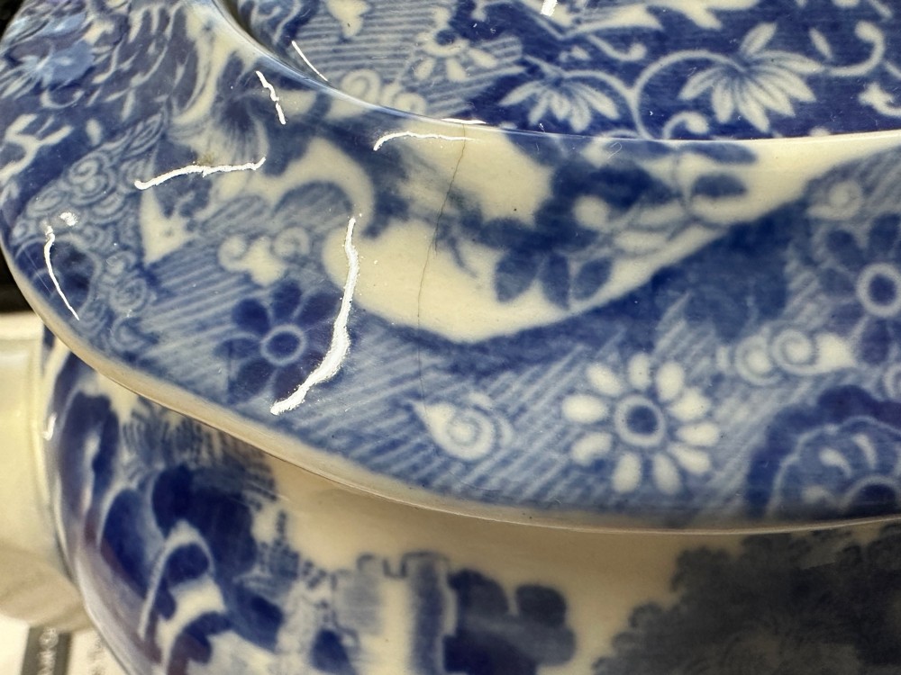 An antique blue and white transferware ceramic teapot in the Copeland Spode Blue Italian pattern featuring an Egyptian shape profile. View XII