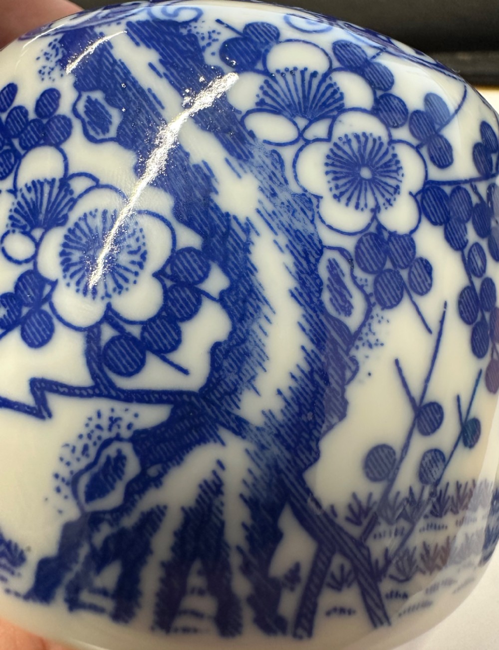 A Japanese Meiji period blue and white porcelain incense burner decorated with hand-painted prunus branches, featuring a fitted lid and side lugs. View XI