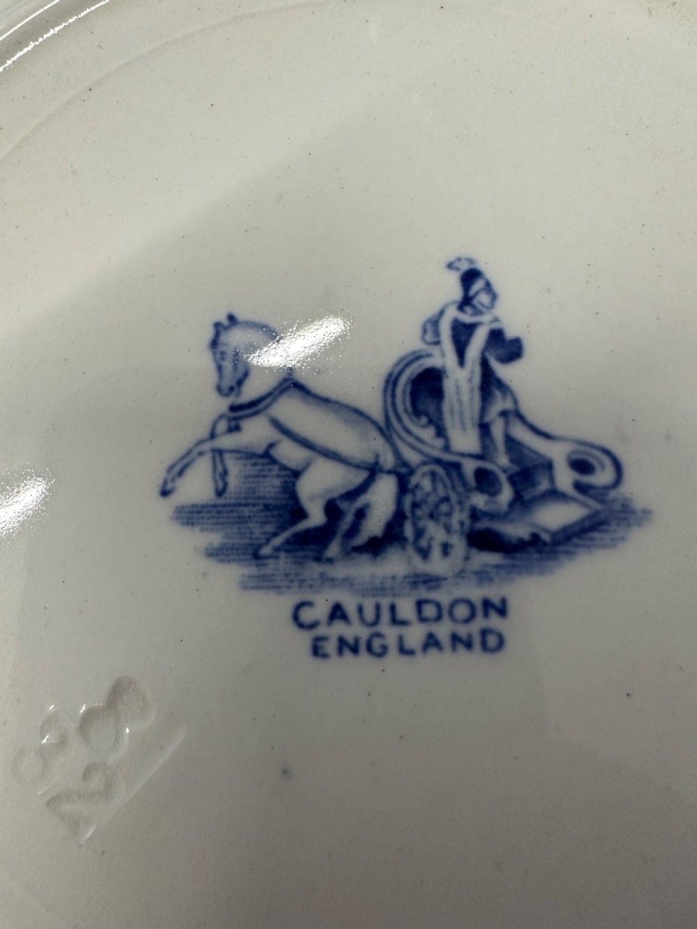 An octagonal-edged blue and white transferware plate featuring a central classical chariot scene surrounded by an ornate feather-patterned border. View IX