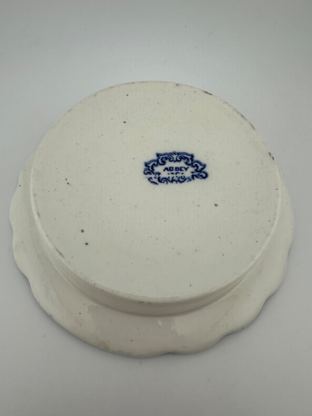 A circular blue and white transferware ceramic dish featuring a central printed depiction of abbey ruins framed by a decorative scrolled border. View IV