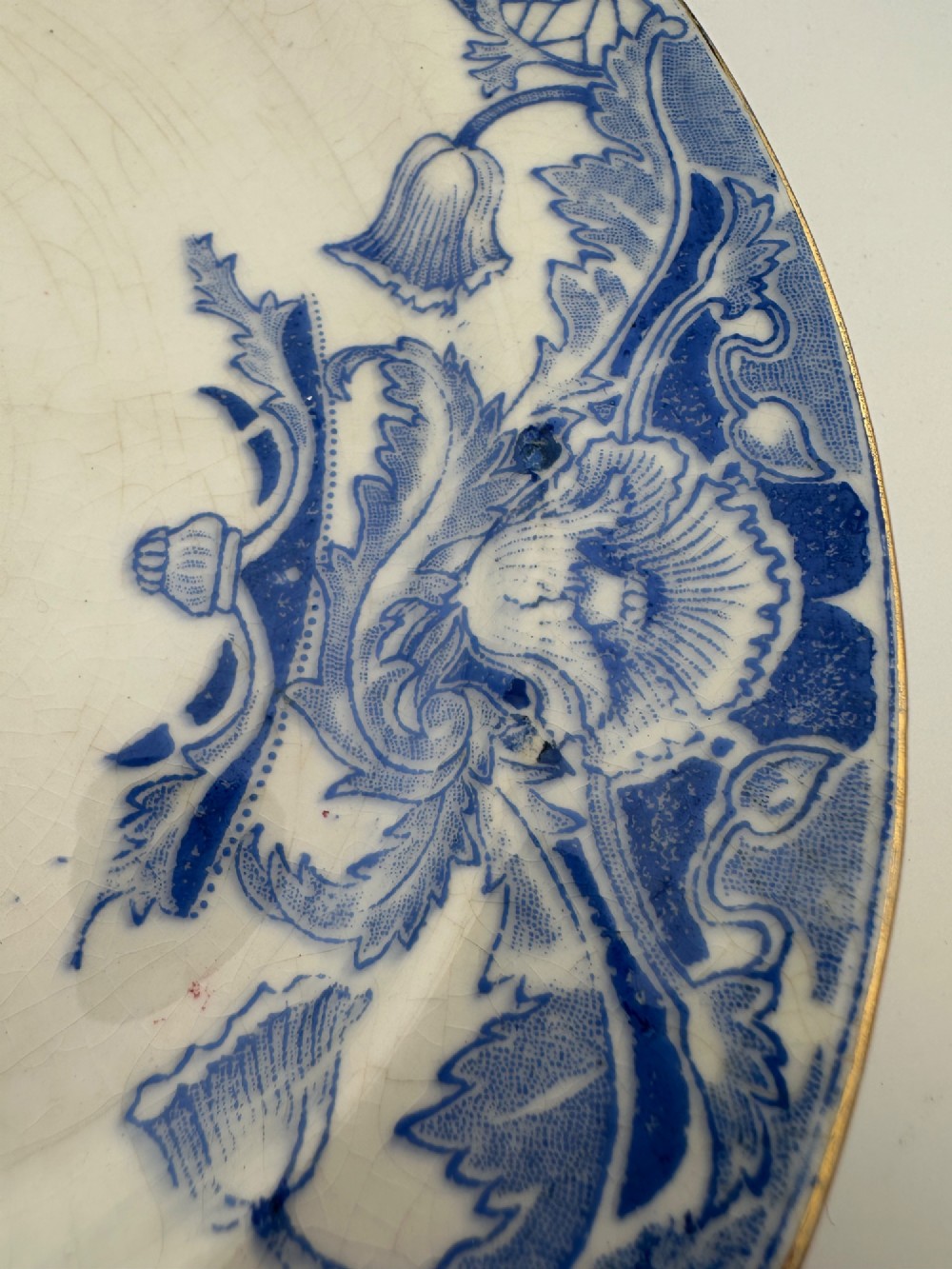 An early Victorian oval earthenware platter featuring a pale blue floral transferware border pattern and a gilded outer rim. View XII