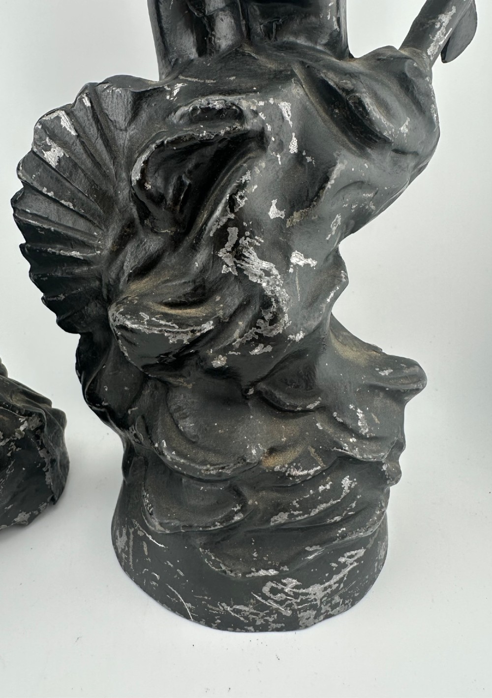 A pair of dark bronze-finished French spelter allegorical figures raised on moulded circular bases representing Mutualite and Paix. View V