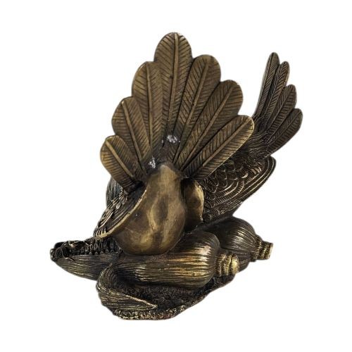 A pair of patinated bronze bird figures featuring fanned tail feathers perched together atop corn husks. View II