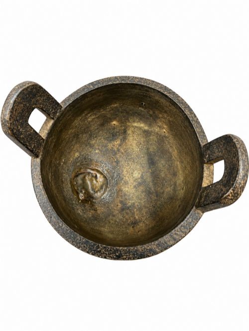 A dark patinated bronze tripod censer featuring upright loop handles and relief taotie mask carvings around the vessel body. View X