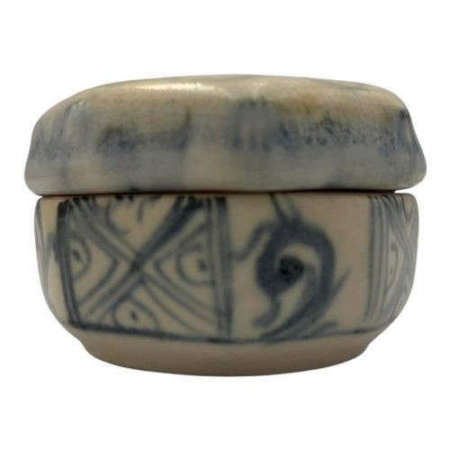 An antique octagonal ceramic lidded box featuring cobalt blue hand-painted scrolling motifs against an off-white glaze. View III