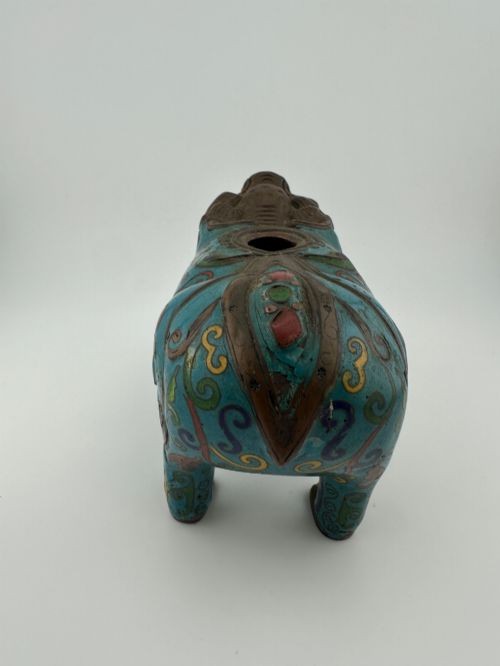 An antique Chinese cloisonne enamel censer shaped like a quadruped mythical beast in turquoise blue with polychrome scrollwork, featuring an exposed cast bronze head and feet. View V
