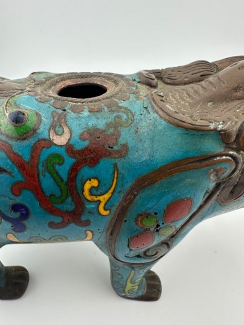 An antique Chinese cloisonne enamel censer shaped like a quadruped mythical beast in turquoise blue with polychrome scrollwork, featuring an exposed cast bronze head and feet. View XIII
