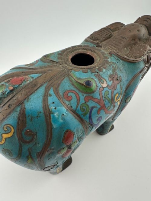 An antique Chinese cloisonne enamel censer shaped like a quadruped mythical beast in turquoise blue with polychrome scrollwork, featuring an exposed cast bronze head and feet. View XIV