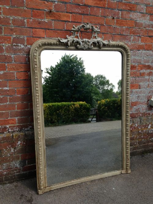 A Stunning Large Antique Painted 19th Century French Carved Wood & Gesso Arched Top Mirror.