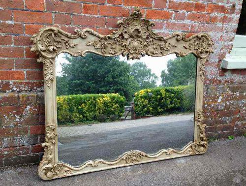 A Highly Useful Large Antique Early 19th Century French Carved Wood Painted Overmantal Mirror