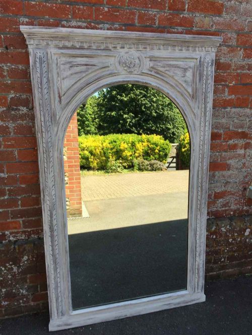 A Large Antique 19th Century French Carved Wood Painted Distressed Mirror