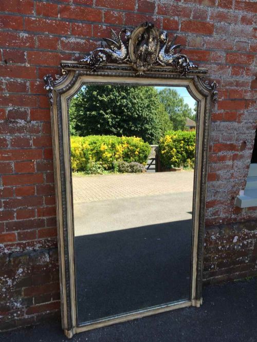 A Fabulous Large Antique 19th Century Shaped Top French Carved Wood and Gesso Original Silvered and Painted Mirror.