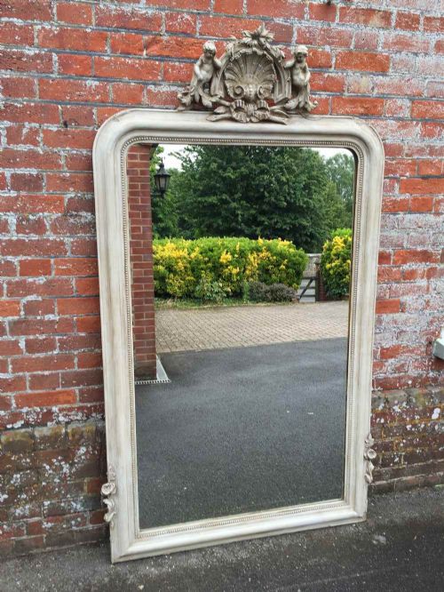 A Fabulous Large Antique 19th Century Carved Wood & Gesso Painted Arched Top Mirror.