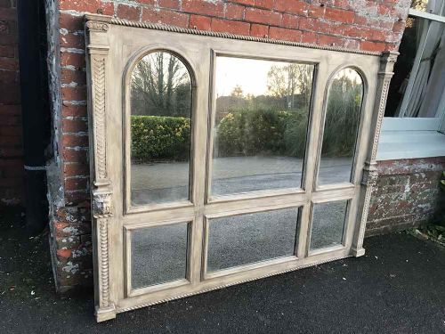 A Superbly Highly Unusual Large Antique 19th Century French Carved Wood Painted Mirror with Six Shaped Original Mercury Glass Sections.