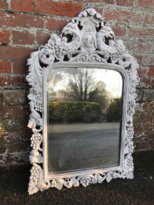 A Delightful Early Highly Decorative Antique 19th Century French Carved Wood Ornate Painted Mirror.