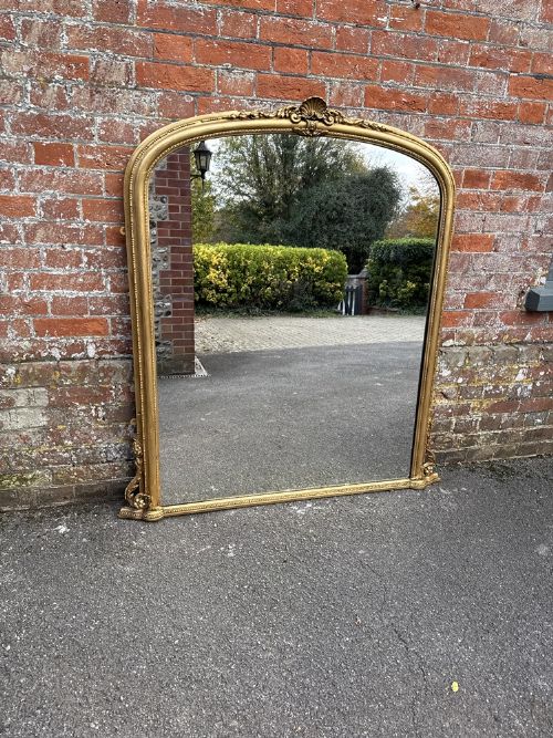 A Stunning Large Antique English 19th Century Carved Wood & Gesso Arched Top Gilt Overmantle Mirror.