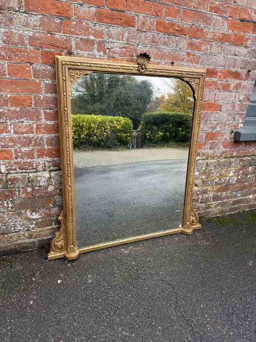 A Superb Large Antique English 19th Century Carved Wood & Gesso Gilt Overmantle Mirror.