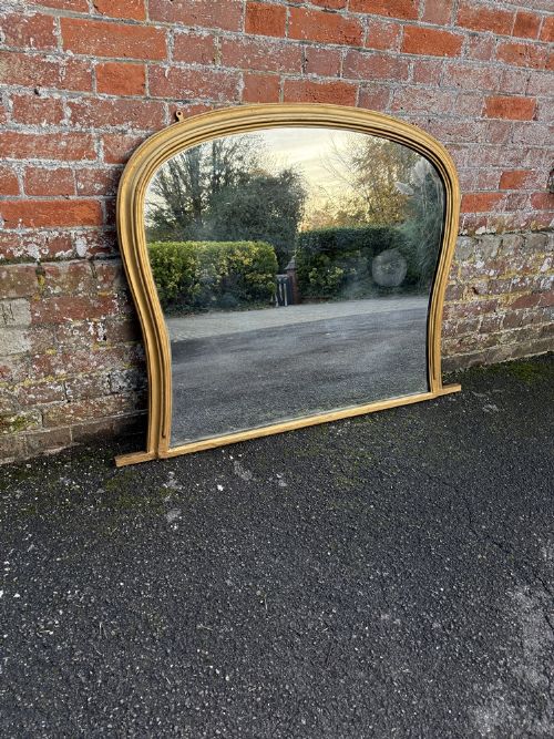 A Fabulous Highly Useful Size Antique English 19th Century Carved Wood & Gesso Shaped Top Gilt Overmantle Mirror.