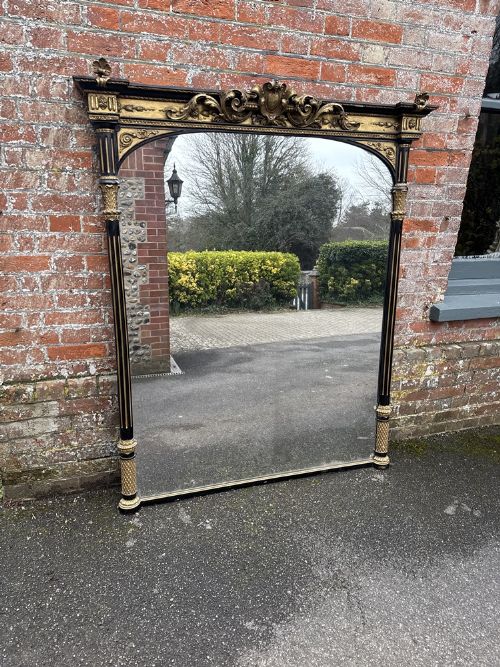A Spectacular Large Antique English 19th Century Carved Wood & Gesso Original Gilt & Ebonised Column Overmantle Mirror.