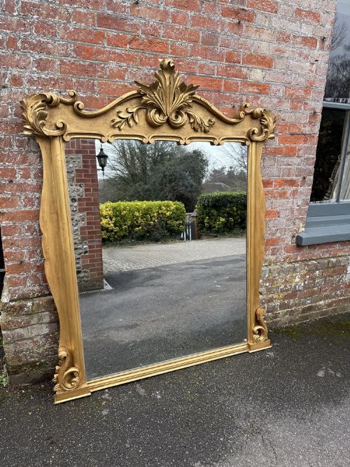 A Superb Large Antique English 19th Century Caved Wood & Gesso Gilt Overmantle Mirror.