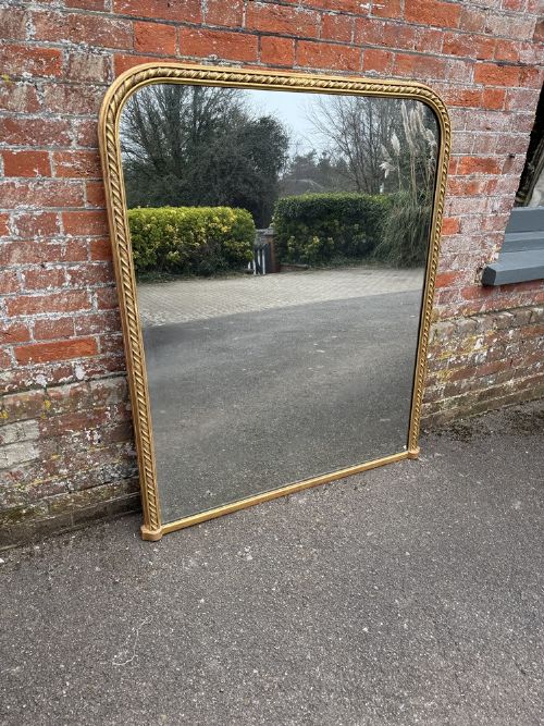 A STUNNING LARGE ANTIQUE ENGLISH 19TH CENTURY CARVED WOOD GESSO ARCHED TOP GILT ROPE TWIST FRAMED OVERMANTLE MIRROR