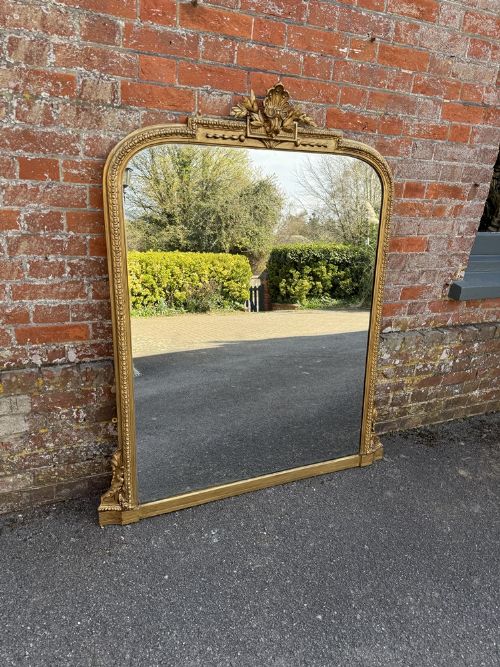 A Superb Large Antique English 19th Century Carved Wood & Gesso Arched Top Gilt Overmantle Mirror.