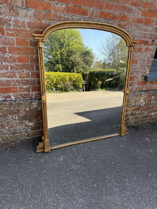 A Wonderful Large Antique English 19th Century Carved Wood & Gesso Arched Top Gilt Overmantle Mirror.
