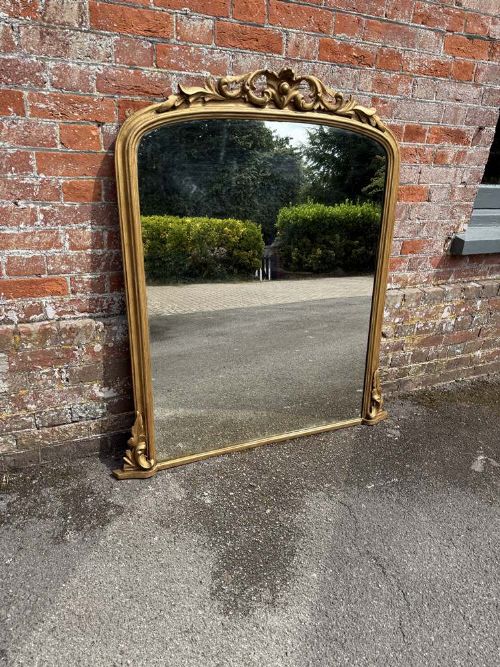 A Superb Large Antique  English 19th Century Carved Wood & Gesso Arched Top Gilt Overmantle Mirror.