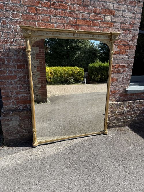 A Fabulous Large Antique 19th Century Carved Wood & Gesso English Carved Wood & Gesso Gilt Column Overmantle Mirror.