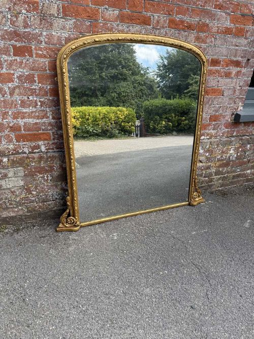 A Stunning Large Antique English 19th Century Carved Wood & Gesso Arched Top Gilt Overmantle Mirror.