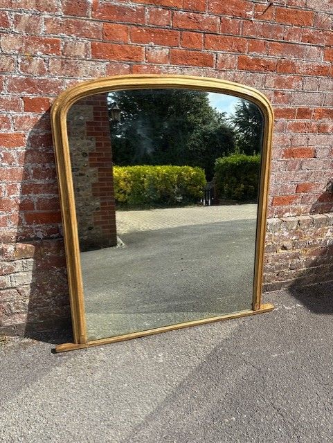 A Fabulous Large English 19th Century Gilt Arched Top Overmantle Mirror.