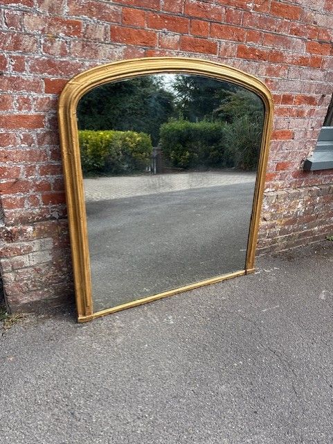 A Delightful Large Antique English 19th Century Gilt Arched Top Overmantle Mirror.