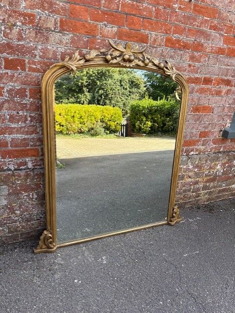 A Fabulous Large Antique English 19th Century Carved Wood & Gesso Arched Top Gilt Overmantle Mirror.