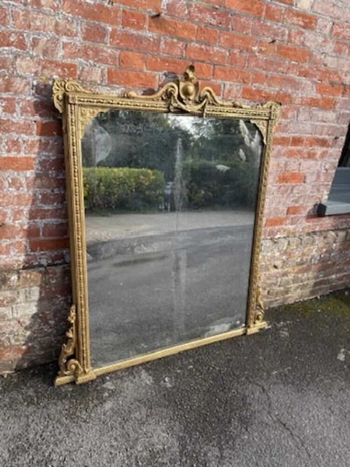 A Delightful Large Antique English 19th Century Carved Wood & Gesso Gilt Overmantle Mirror.