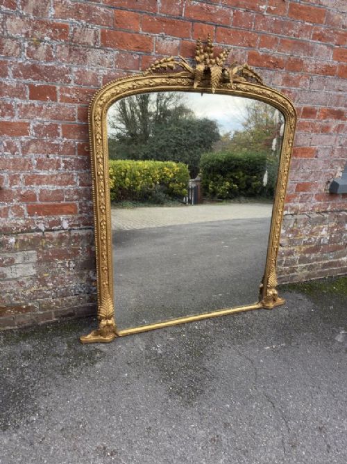 A Spectacular Large Antique English 19th Century Carved Wood & Gesso Arched Top Gilt Overmantle Mirror.