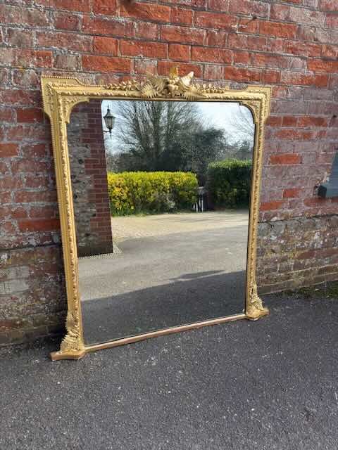 A SPECTACULAR LARGE ANTIQUE ENGLISH 19TH CENTURY CARVED WOOD GESSO GILT OVERMANTEL MIRROR