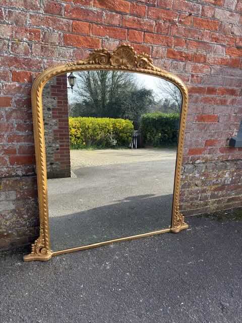 AN EXCEPTIONAL LARGE ANTIQUE ENGLISH 19TH CENTURY CARVED WOOD GESSO ARCHED TOP GILT ROPE TWIST OVERMANTLE MIRROR
