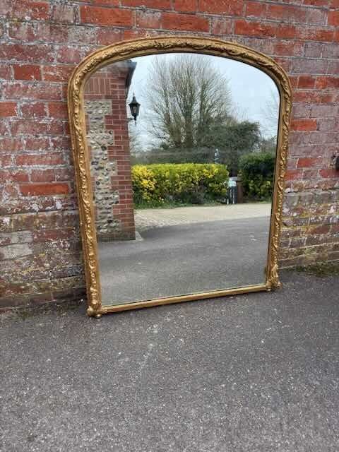 A STUNNING LARGE ANTIQUE ENGLISH 19TH CENTURY CARVED WOOD GESSO ARCHED TOP GILT OVERMANTLE MIRROR