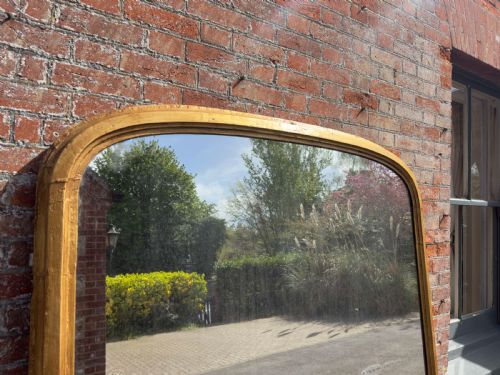 AN EXCEPTIONAL LARGE ANTIQUE ENGLISH 19TH CENTURY CARVED WOOD GESSO ARCHED TOP GILT OVERMANTEL MIRROR - ADDITIONAL PHOTO 1