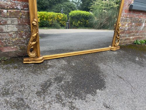 A LARGE ANTIQUE ENGLISH 19TH CENTURY CARVED WOOD WOOD GESSO ARCHED TOP GILT OVERMANTLE MIRROR - ADDITIONAL PHOTO 2